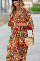 Vestido largo drapeado con estampados múltiples de los años 70